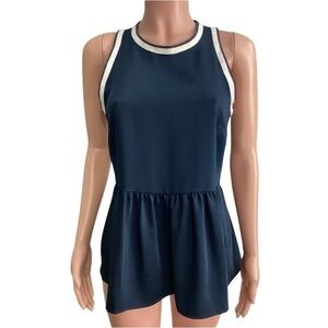 Marie Oliver Navy Ruffle Sleeveless Blouse Peplum White Trim Nautical Tennis XS